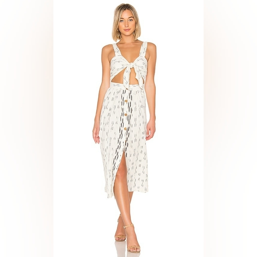 White Tie-Front Midi Dress with Subtle Print